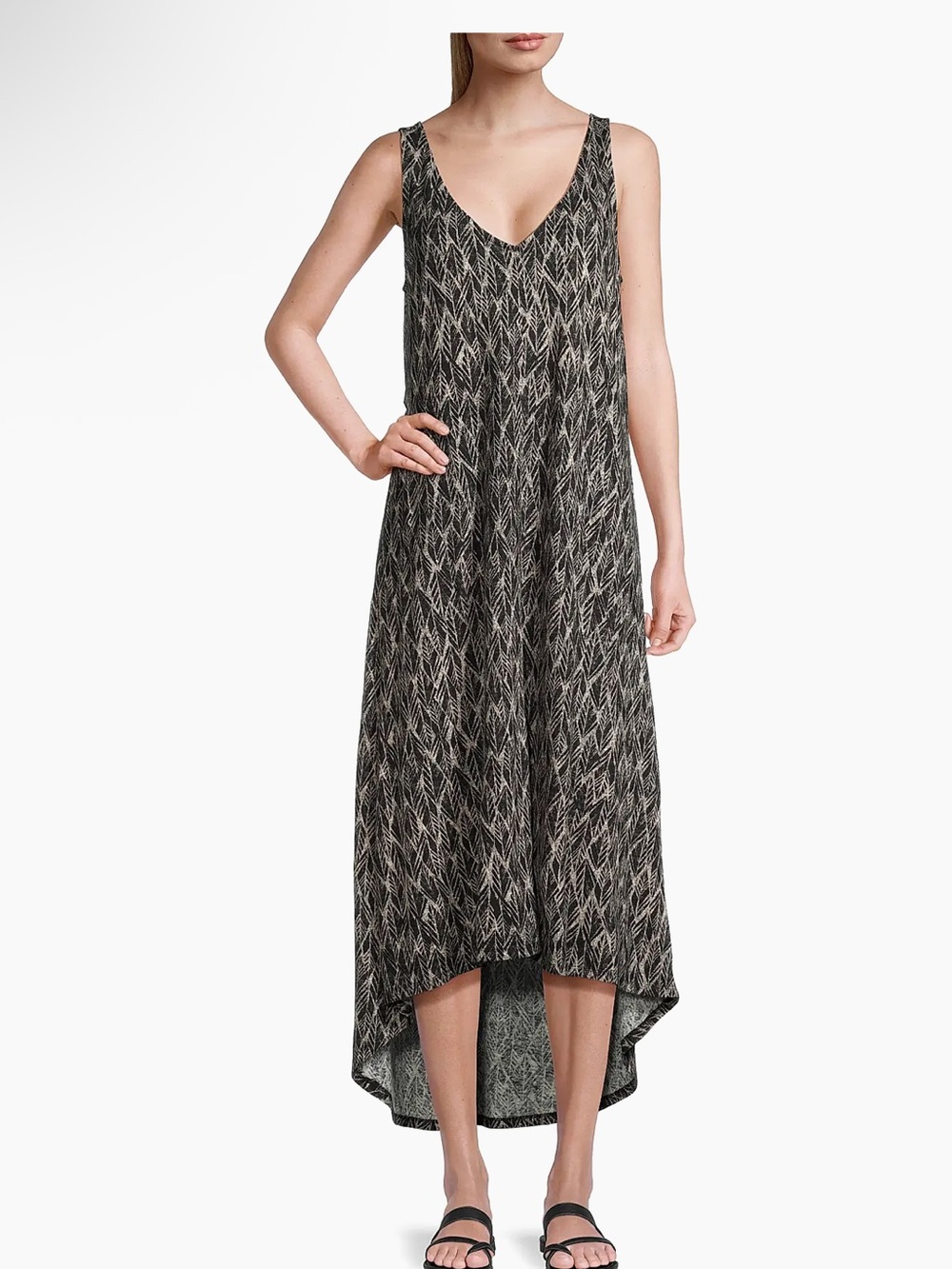 NIC+ZOE Black & Cream Linen Blend Patterned Tank V-Neck Dress